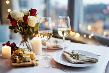 Elegant Valentine's dinner table set for two with white wine glasses, fresh flowers, and candles, creating a romantic atmosphere with copy space for text