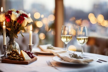 Elegant close-up of a romantic Valentine's dinner table set for two, featuring candles, wine glasses, and a beautiful floral centerpiece, creating a warm and inviting atmosphere