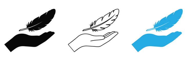 Hands holding feathers in black, white, and blue