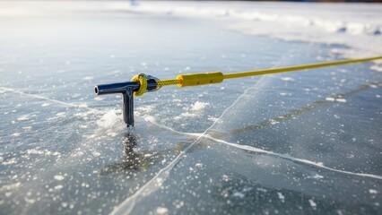 A close-up shot of a fishing tip-up device stuck into the ice on a frozen body of water.
