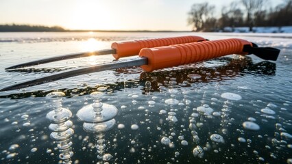 Close-up of ice picks with orange handles resting on a frozen lake surface with visible air bubbles.