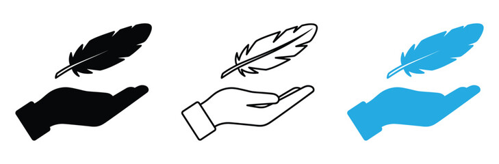 Hands holding feathers in various colors and styles