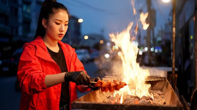 Grilling skewer on hot grill. Woman vendor cooking street food on barbecue at night. Market crowd blurs behind flame. Hands move to turn skewer. Smoke rises from charcoal ember. Night grill glow warm.