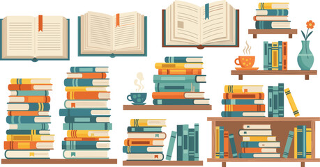 Vibrant book collection on wooden shelves with open books and steaming coffee © Mofajjol