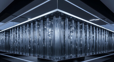 Low-angle shot of a futuristic server room with rows of computer servers and LED lighting on the ceiling and walls in a dark, high-tech environment.