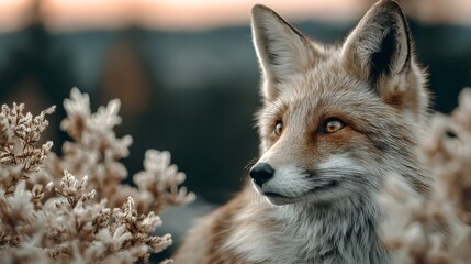 Red fox looking right hidden in vegetation