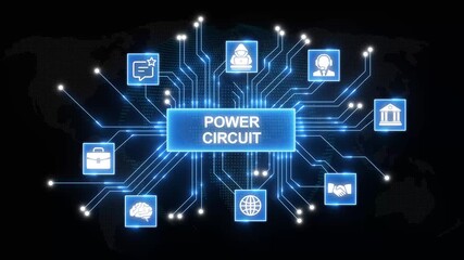 Futuristic power circuit network connecting global data finance technology security communication and business icons on dark digital world map background abstract concept - Powered by Adobe