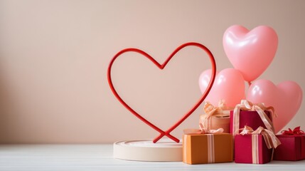 Large freestanding red heart-shaped frame with pink balloons and colorful gift boxes, creating a romantic atmosphere for Valentine's Day with copy space
