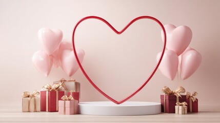 Large freestanding red heart-shaped frame with thin metallic accents, surrounded by pink balloons and gift boxes, perfect for Valentine's Day celebrations with copy space