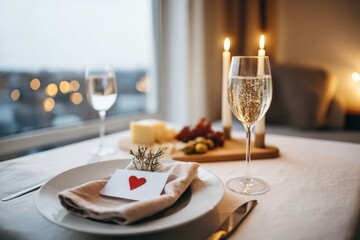 Elegant Valentine's dinner table set for one, featuring sparkling wine, heart-shaped card, and copy space for romantic messages, creating a cozy atmosphere for love