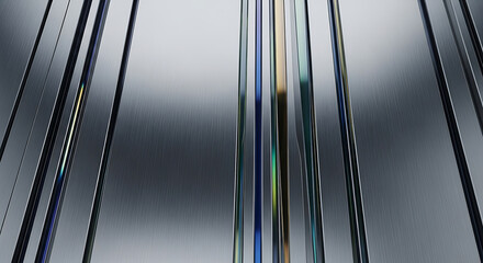 Abstract close-up of colorful, multicolored vertical lines on a metallic surface with a reflective, gradient gray background.