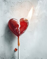 Red heart-shaped lollipop with a crack and flame, melting on a white stick against a textured gray background, symbolizing anti-Valentine's Day sentiment and heartbreak