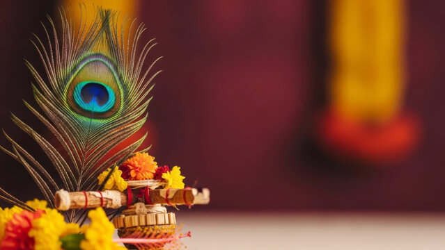 Thaipusam festival background with peacock feathers and ritual spears on a blurred festive backdrop.