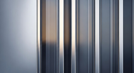 Blurry close-up of vertical metallic bars with reflections in shades of gray and orange.