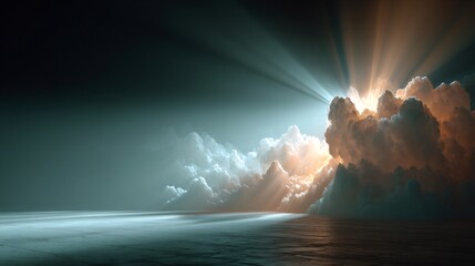 Dramatic clouds revealing golden light rays over ocean