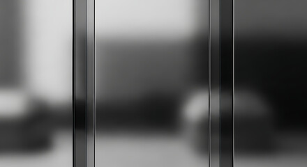 Close-up of a blurred metallic surface with vertical lines and reflections in shades of gray and black.