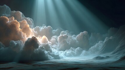 Clouds reflecting sunlight over ethereal fantasy landscape