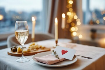 Elegant close-up of a romantic Valentine's dinner table set for one, featuring a glass of sparkling wine, candles, and a heartfelt card with a love symbol