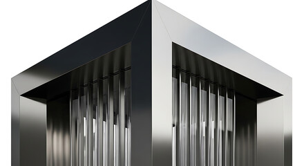 Close-up of a metallic ventilation system with slatted grilles and a shiny surface against a white background.