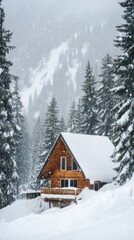 Cozy wooden cabin with steep roof almost buried in deep fresh snow, surrounded by tall evergreen trees, creating a serene winter retreat atmosphere in a snowy landscape