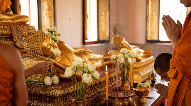 Parinirvana Day celebration with reclining golden Buddha statue, praying monks, lotus flowers and incense in a temple.