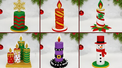 Collection of six handmade Christmas candle decorations with festive designs including a snowman and Santa themes