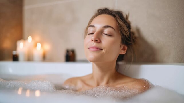 Woman in a relaxing bubble bath with closed eyes, surrounded by candles, enjoying a tranquil moment of self-care and wellness in a serene bathroom environment - Powered by Adobe