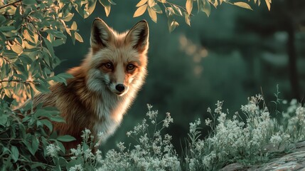 Red fox observing forest at sunset through leaves