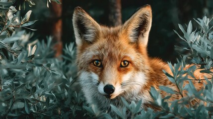 Obraz premium Red fox observing from green dense foliage