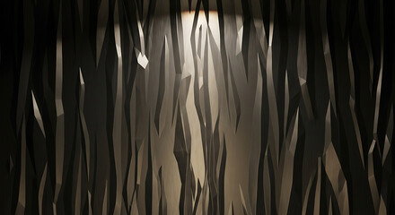 Close-up of a metal sculpture with hanging strips of metal in a dark room with a light shining through.