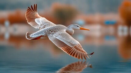 Bird flying low over water with reflection