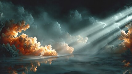 Fantasy landscape with light rays reflecting on water