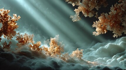 Golden leaves glowing through mystical light rays