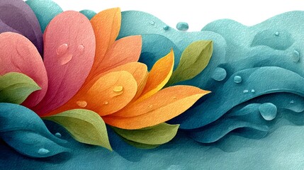 Watercolor floral waves with colorful petals and water drops