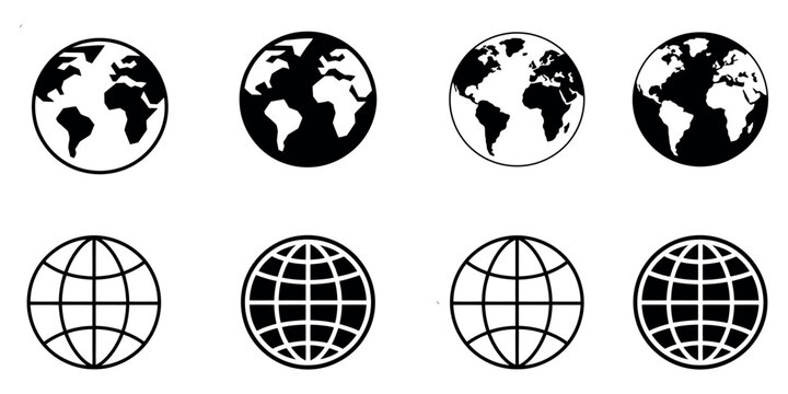 Set of modern globe icons in black and white vector.