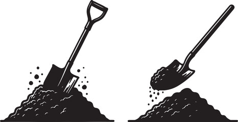 Two black silhouette shovels digging into piles of dark soil with loose dirt particles flying around them on a white background also transparent background © PixelSaga MH2 