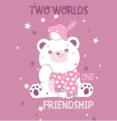 cute white polar bear with birds friendship and background on darker base.