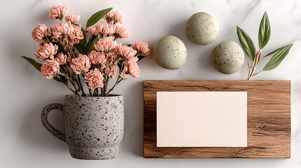 Pink flowers in mug with blank card mockup