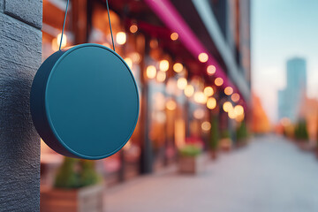 Fototapeta premium Dark teal round blank sign hanging from a building facade with blurred city lights and street in the background