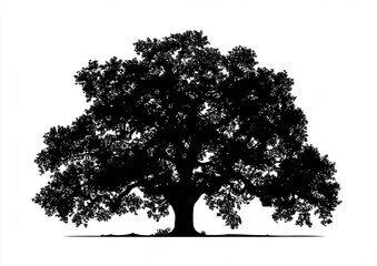 Black silhouette of a large mature oak tree with dense foliage on a white background image