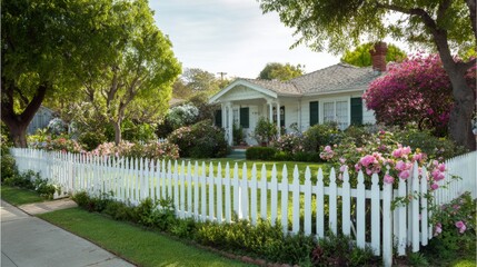 Charming suburban home with white picket fence, vibrant flowers, and lush greenery under a bright sky in a peaceful neighborhood setting