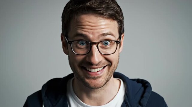 Portrait of an excited and goofy man wearing glasses with a wide-eyed, toothy grin, looking pleasantly surprised on a neutral grey background