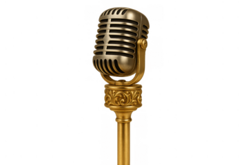 Gold retro microphone with an ornate stand, ideal for music, entertainment, and communication on a transparent background