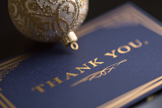 Writing thank you notes on festive card with elegant gold details and decorative ornament creates warm and appreciative atmosphere for any celebration