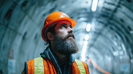 Safety professional inspecting underground modern tunnel