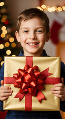 Happy child wearing in red sweater is joyfully presenting a golden gift box adorned with big bow. twinkling lights and warm fireplace in background, embodying the spirit of christmas celebration