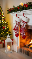 Christmas gift socks hung on fireplace on Christmas eve. Stockings on fireplace in living room, Xmas tree with light on background. Festive stylish room interior for Advent Calendar . AI