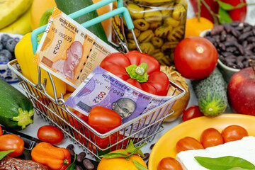 India money and shopping basket. Rising food prices, inflation, and more expensive products in stores. economic and financial concept. Indian rupees in shopping cart, fruits, vegetables,dairy product