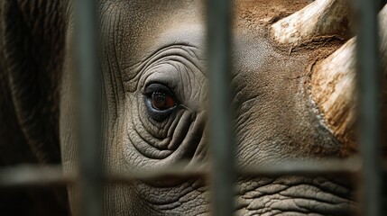 Rhino eye looking through zoo bars