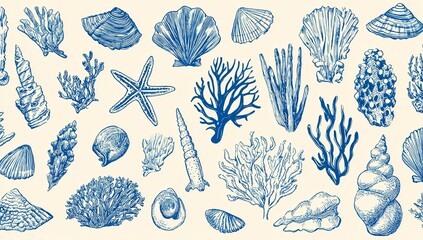 Blue line drawing illustration of various seashells coral and starfish on cream background marine life